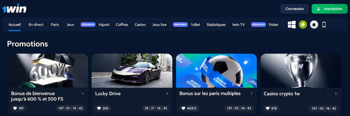 Bonus 1Win Côte d’Ivoire : jusqu’à 500 % sur quatre dépôts, plafond de 500 $